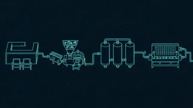 Schematic juice plant layout used as a briefing aid, not a claimed office map